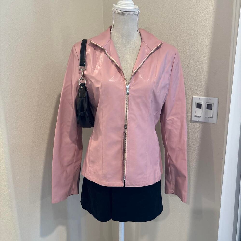 Caterina pink faux leather double zip jacket. Size 42